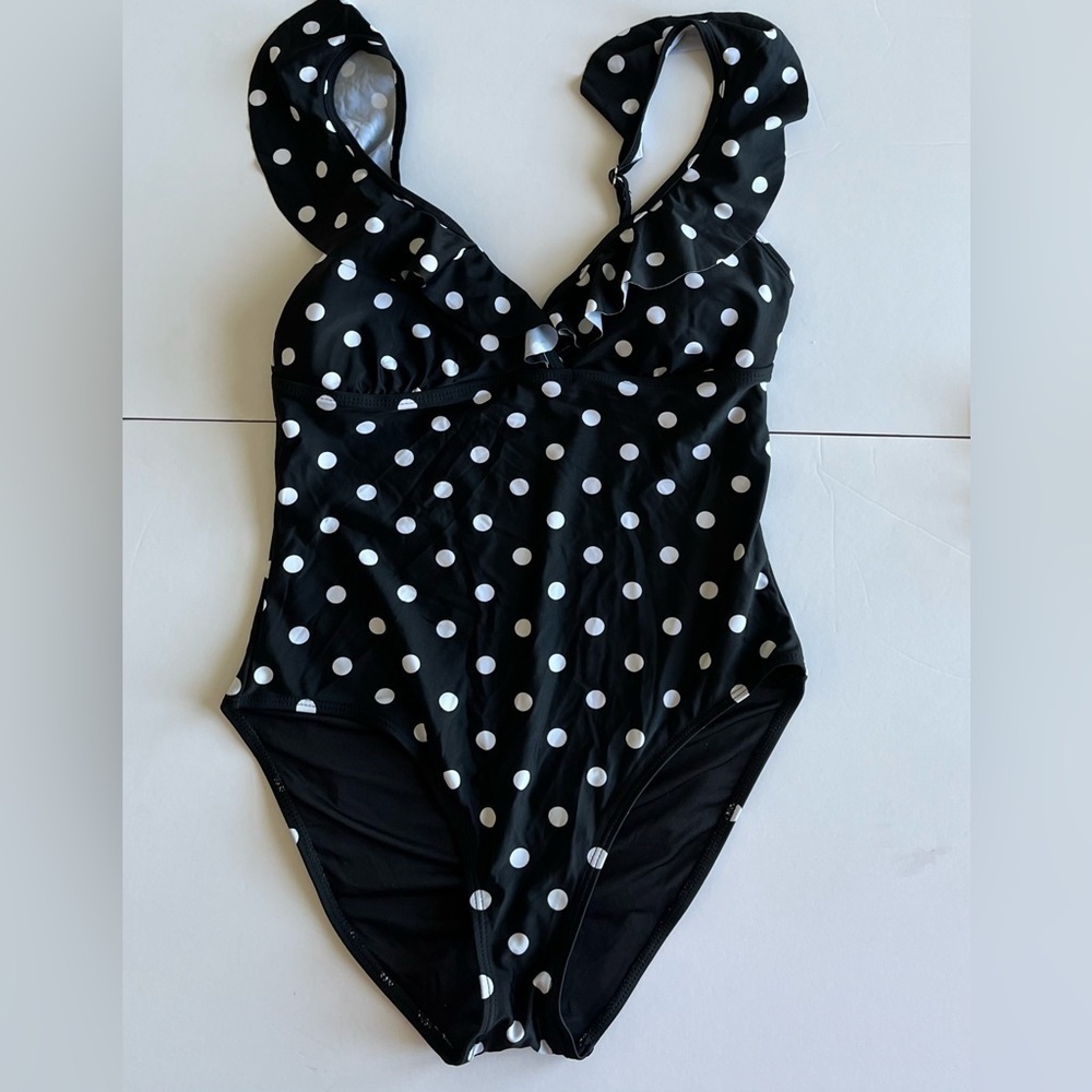 Tahari Women's Polka Dot Ruffle One Piece Swimsuit Large